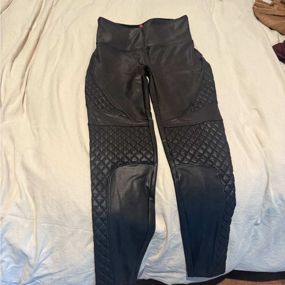SPANX Black faux leather quilted moto Leggings